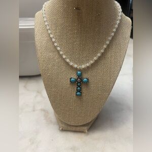 #17. Handmade Turquoise and Silver Cross Pendant Necklace